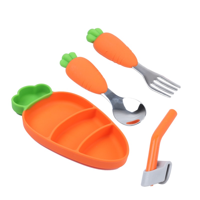 фото Детский силиконовый набор для кормления aiden-kids морковь ,ложка и вилка ,нерж. сталь