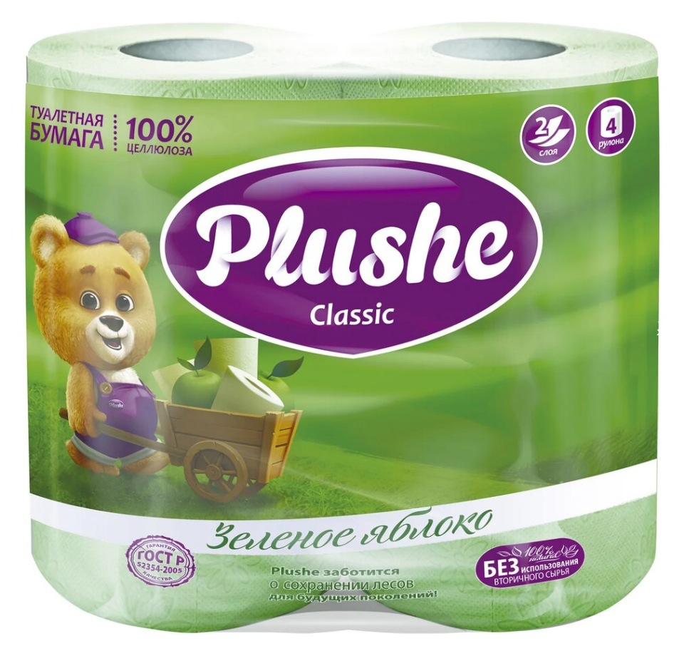 Купить Туалетная бумага Plushe Classic 'Зел. яблоко' 4 рул по 18 м, 2 слоя, зел.пастель, 12 в упак