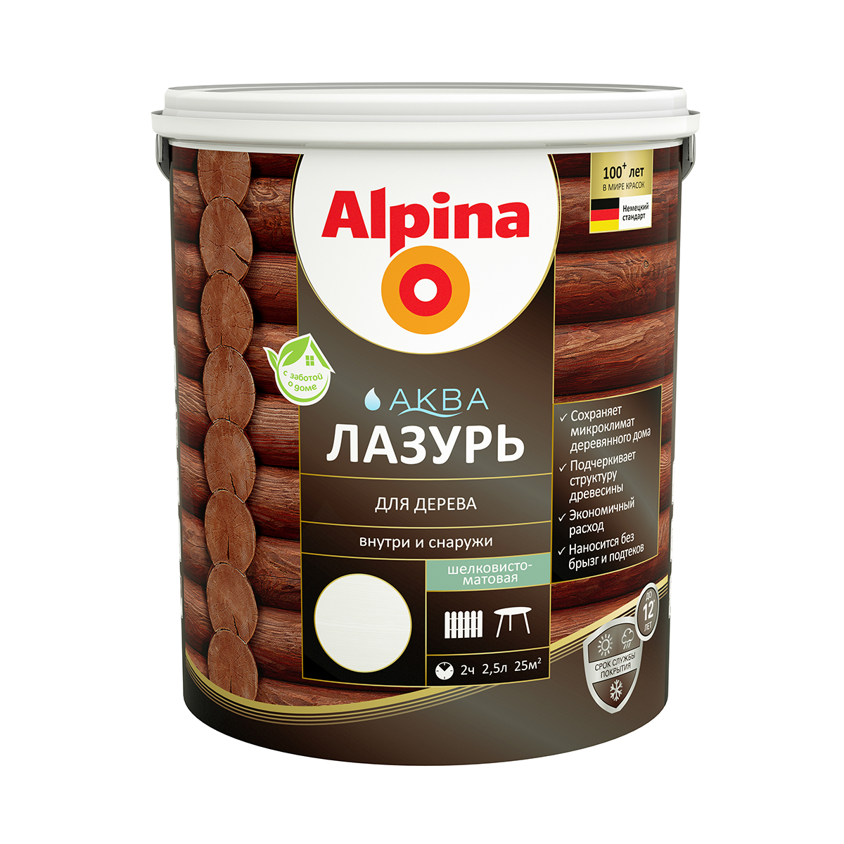 

ЛАЗУРЬ ДЕРЕВОЗАЩИТНАЯ "АКВА" БЕЛАЯ 2,5 Л (1/4) "ALPINA", Белый