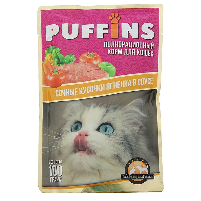 Влажный корм для кошек Puffins сочные кусочки ягненка в соусе 24 шт по 100 г