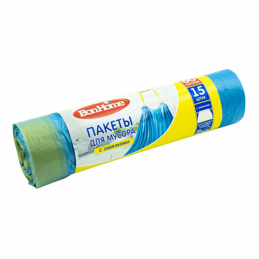 

Пакеты для мусора BonHome с завязками 60 л х 15 шт, Голубой