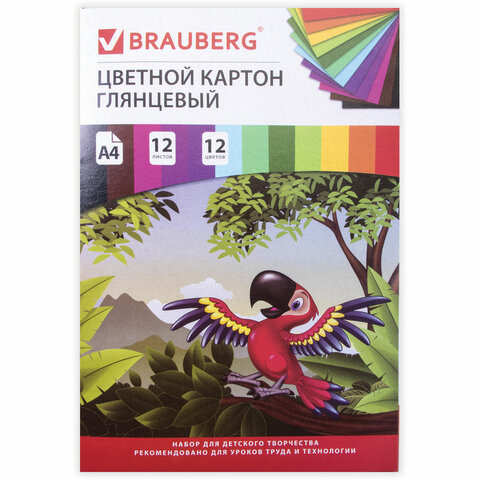 Картон цветной А4 (глянцевый), 12 листов 12 цветов, Brauberg, Килиманджаро, 129917, 7 шт 100055787598 голубой,  желтый,  зеленый,  коричневый,  красный,  оранжевый,  розовый,  синий,  фиолетовый,  черный