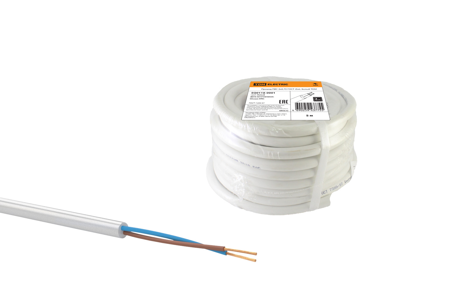 Провод TDM ELECTRIC ПВС 2х0,75 ГОСТ (5м), белый SQ0118-0001