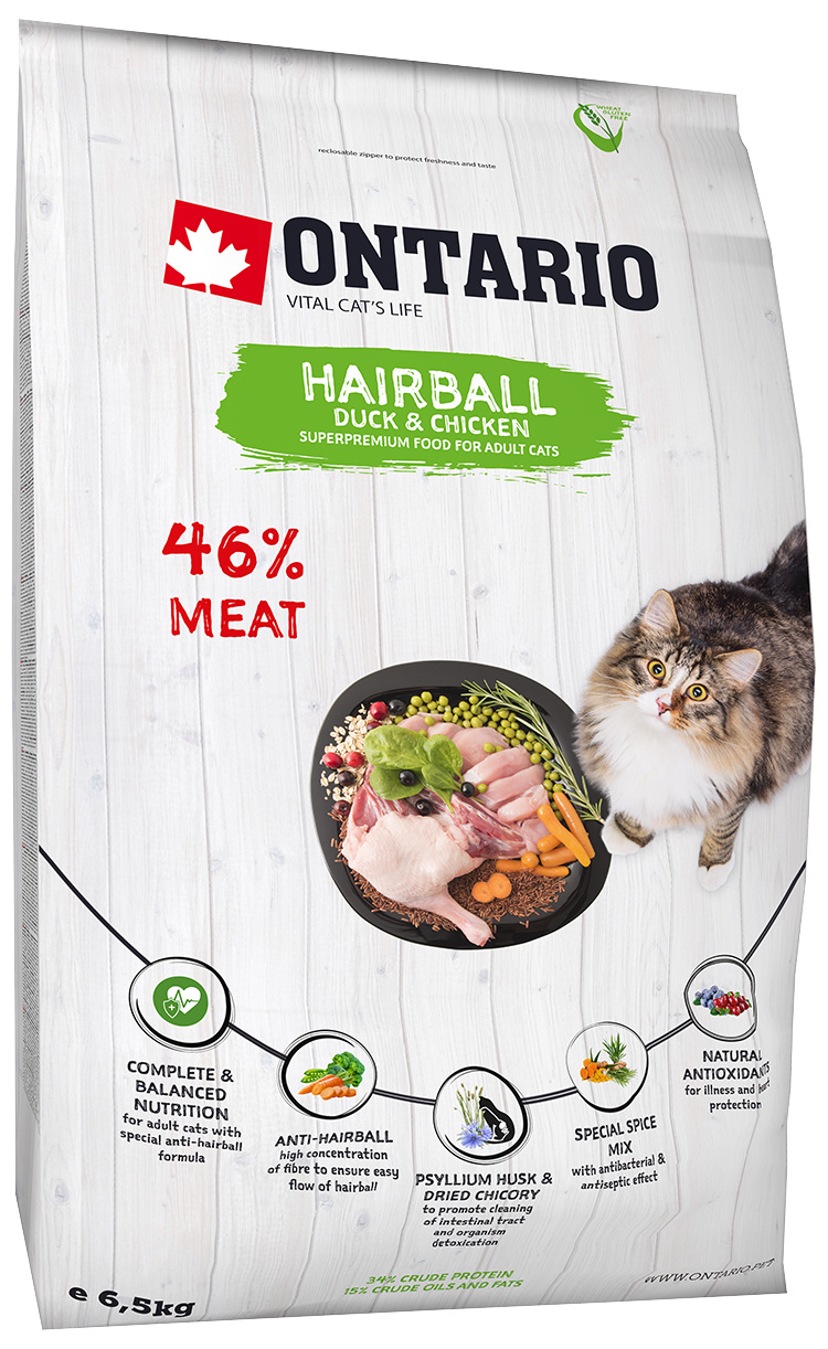 фото Сухой корм для кошек ontario hairball, утка, курица, 6.5кг