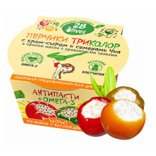 

Перчики 28 Olives Триколор с крем-сыром в масле 130 г