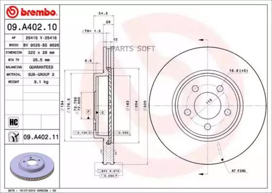 

Тормозной диск brembo комплект 1 шт. 09A40211