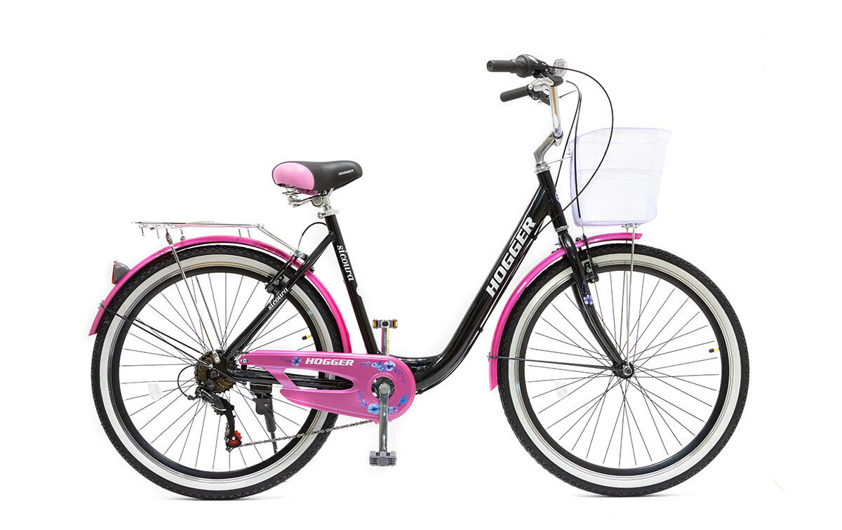фото Велосипед 26 hogger sigoura v, 18, алюминий, 7-скор., корзина, черно-розовый