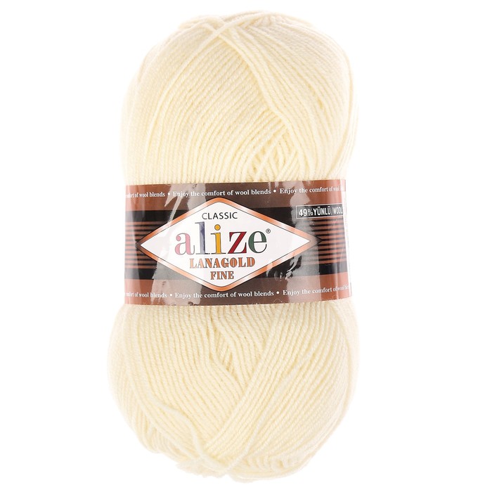 

Пряжа ALIZE Lanagold fine, 49% шерсть, 51% акрил, 390 мх100 г, 01 кремовая, Бежевый