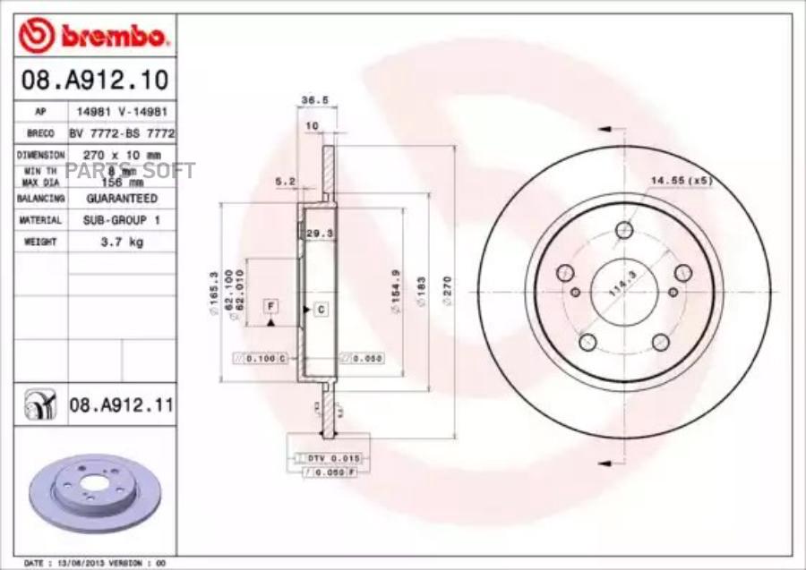 

Тормозной диск brembo комплект 1 шт. 08A91210