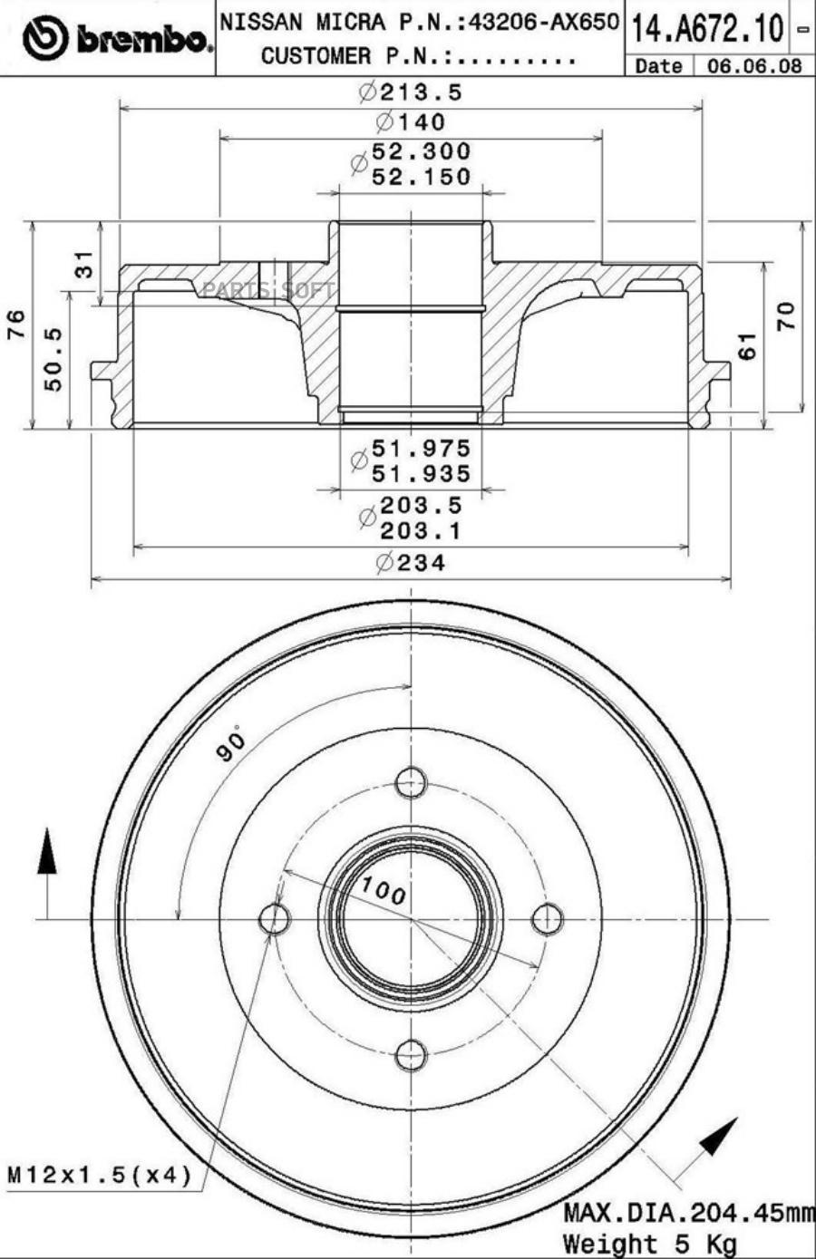 

BREMBO Барабан тормозной BREMBO 14A67210 комплект 1 шт