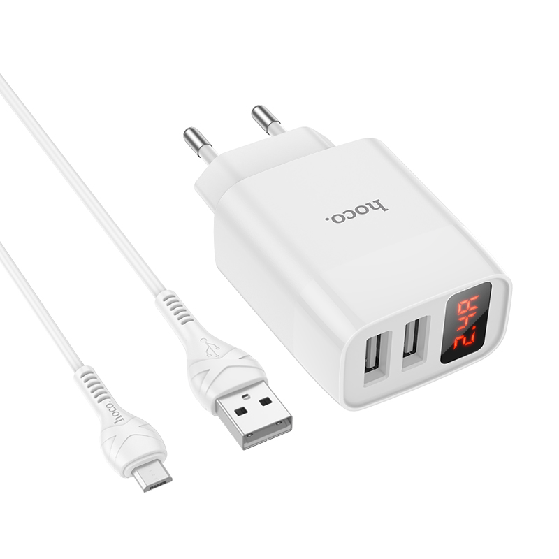 

Зарядное устройство HOCO C86A Illustrious 2*USB + Кабель USB-Micro, 2.4A, белый, с дисплее