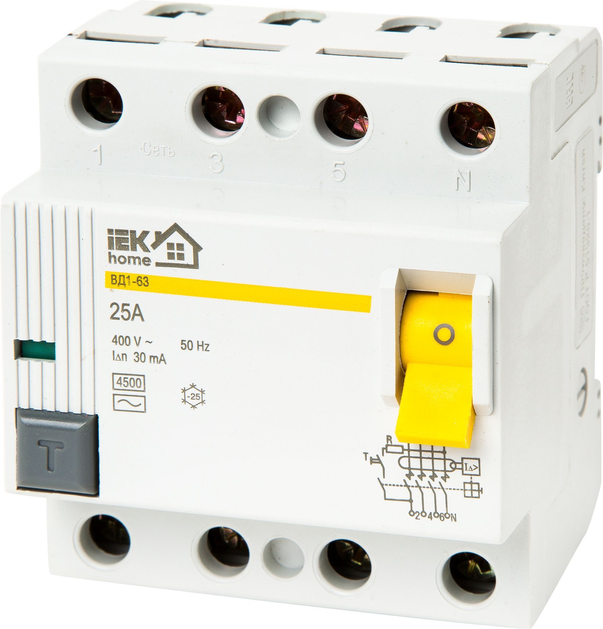 

IEK УЗО Home ВД1-63 3P N 25 А 30 мА 4.5 кА AC MDV10-4-025-030