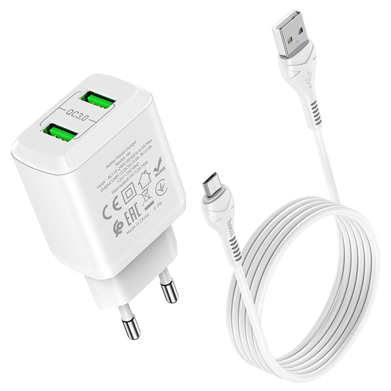 

Зарядное устройство HOCO N6 Charmer 2*USB + Кабель USB-Micro, 3A, белый