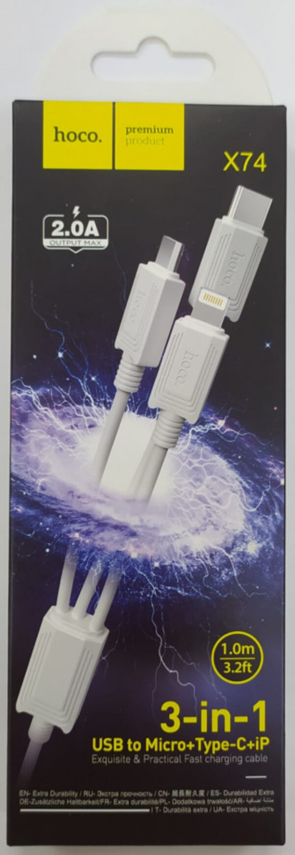 

Кабель-зарядка USB Hoco X74 3в1 Micro/Lightning/Type-C, 1 м, белый