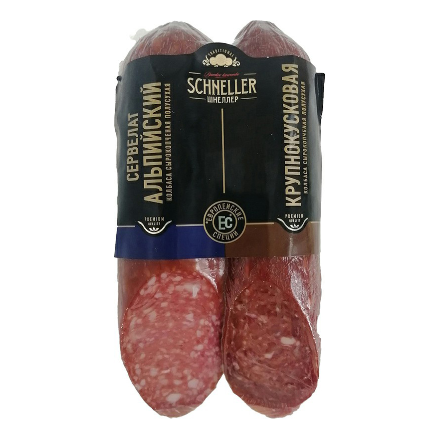

Набор сырокопчёных колбас Schneller Сервелат Альпийский, Крупнокусковая, 300 г