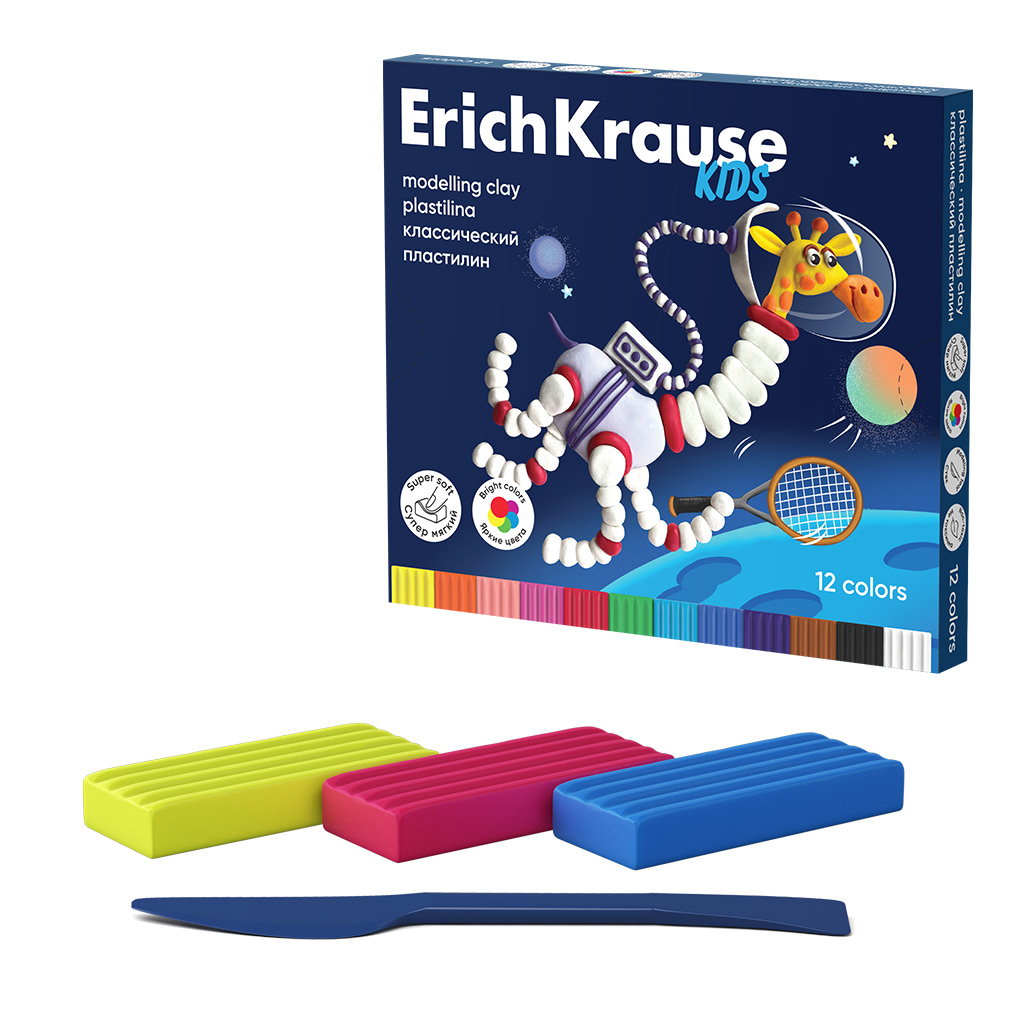 

Пластилин классический ErichKrause Kids Space Animals 12 цветов со стеком, 216 г 61332, Разноцветный