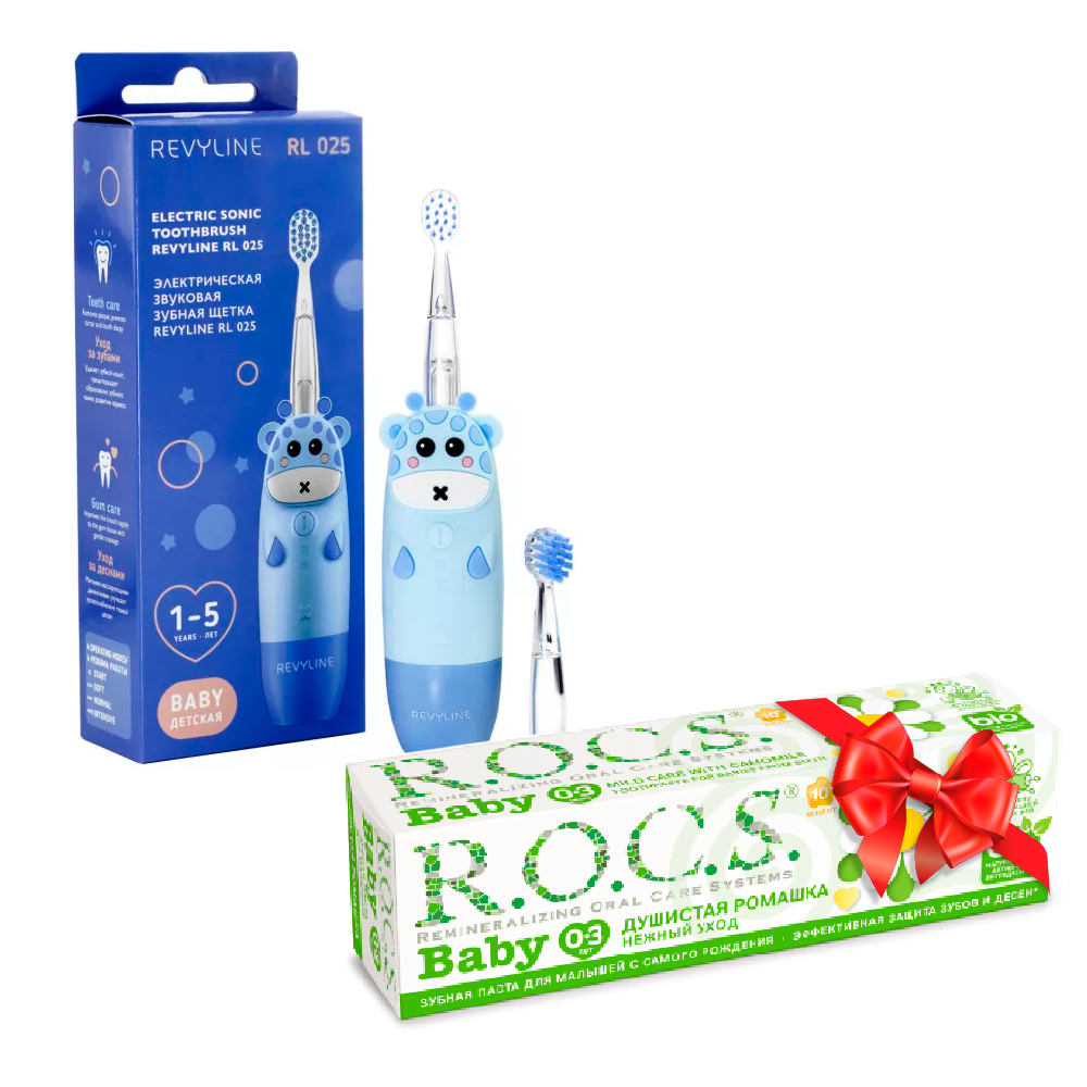 Электрическая зубная щетка Revyline RL 025 Baby, голубая + Зубная паста ROCS BABY
