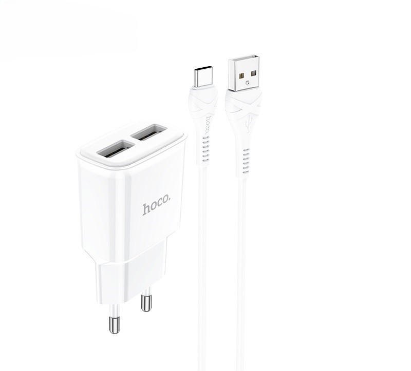 фото Сетевое зарядное устройство 2usb 2.4a для type-c hoco c88a 1м white