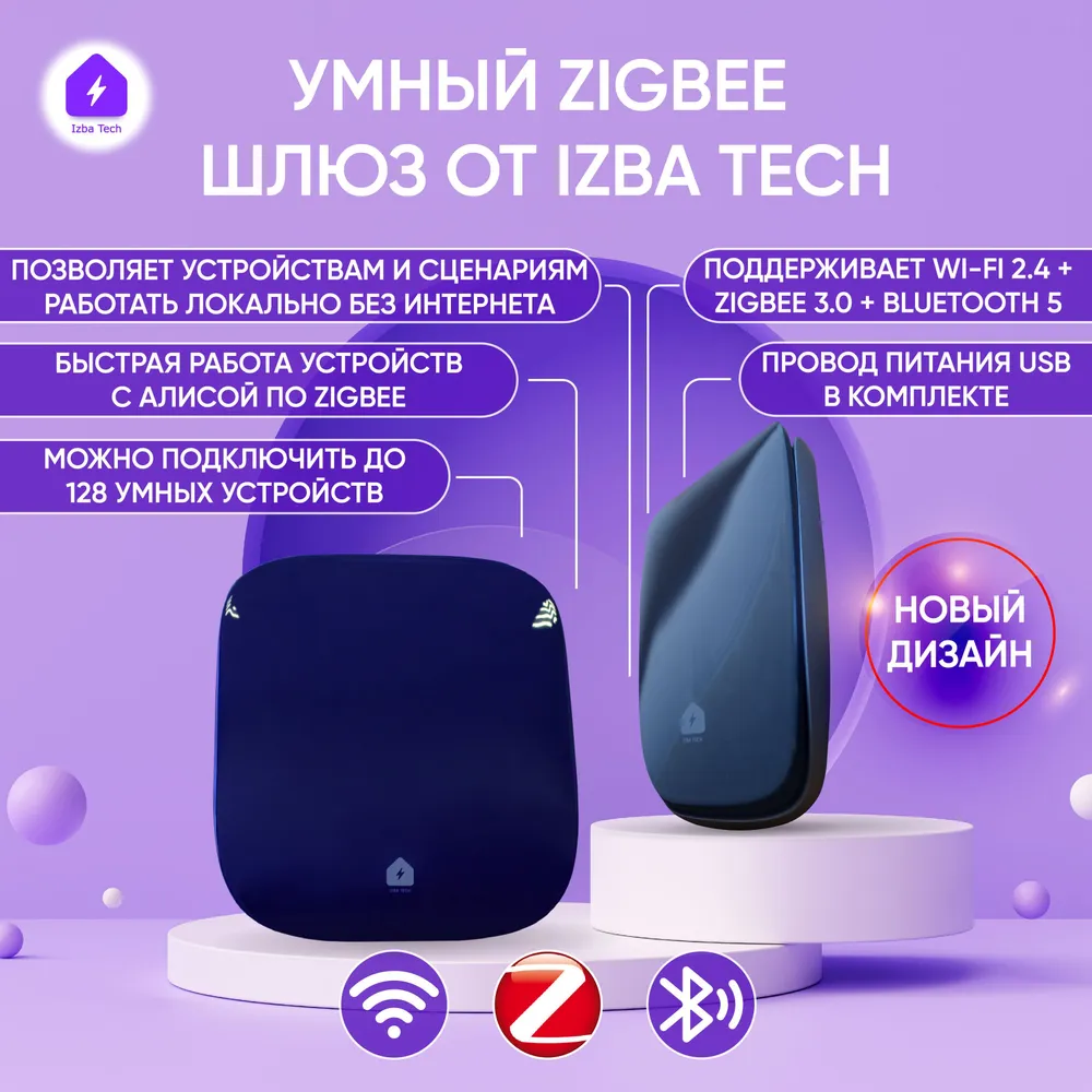 

Шлюз для умных устройств синего цвета с Zigbee 3.0 + WIFI + BLE5.0 Izba Tech 0068-3, Синий, 0068