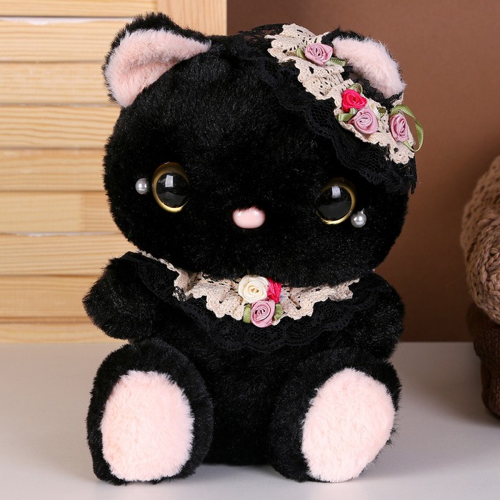 

Мягкая игрушка Котик с бусинами, 22 см, чёрный, Черный