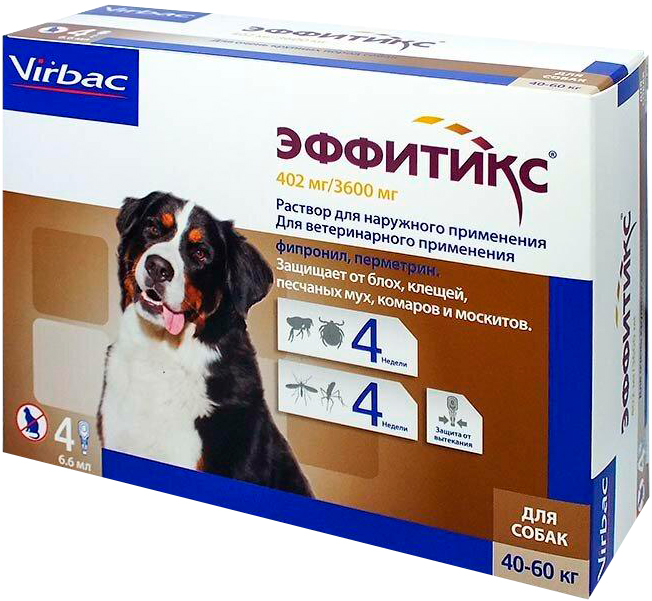 Капли для собак против блох, клещей, Virbac Эффитикс от 40 до 60 кг, 1 пипеток, 6.6 мл