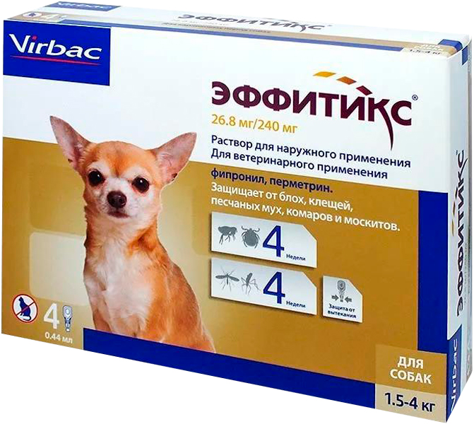 Капли для собак против блох, клещей, мух Virbac Эффитикс от 1,5 до 4 кг, 1 пипеток, 0.44мл