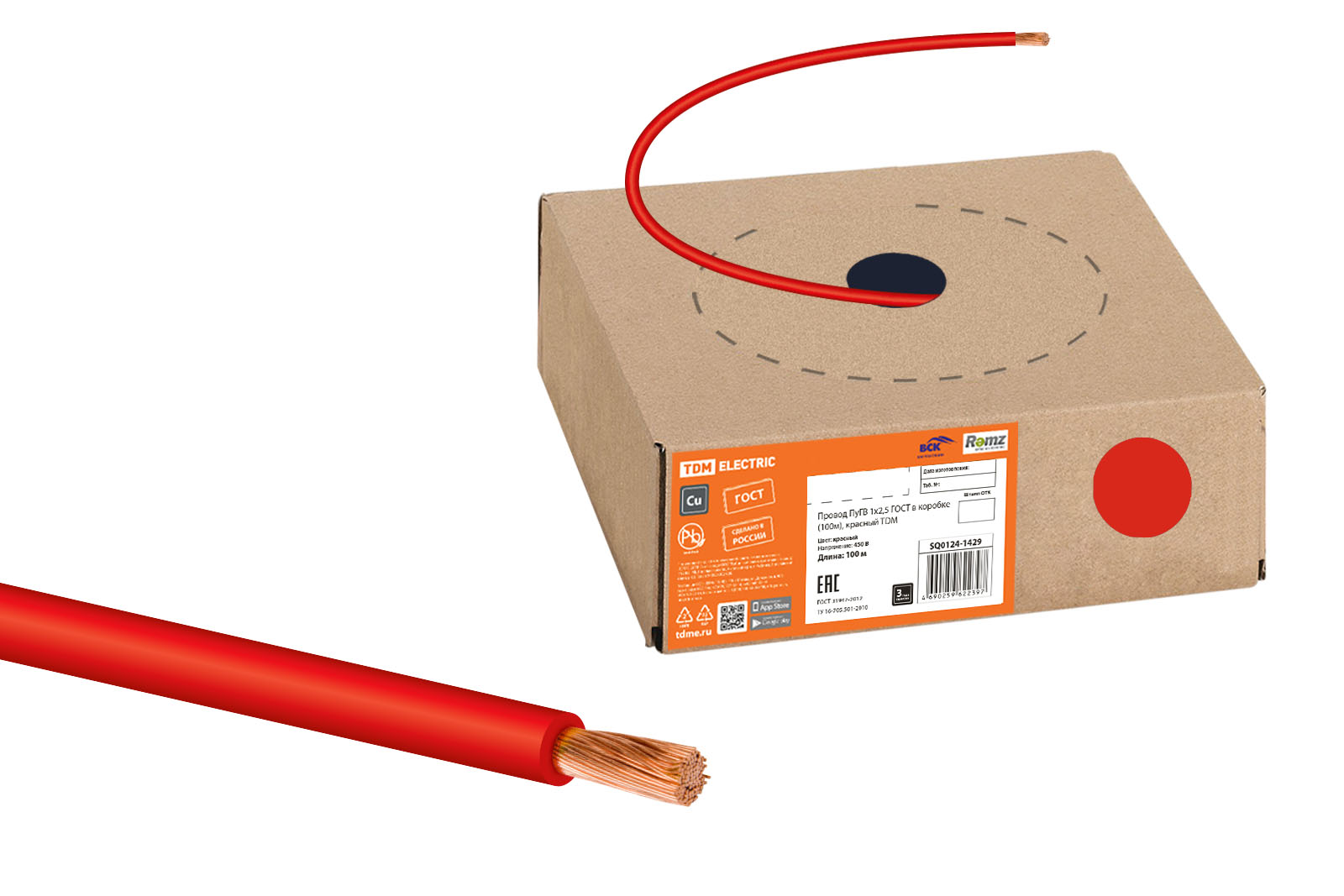 Провод TDM ELECTRIC ПуГВ 1х2,5 ГОСТ в коробке (100м), красный SQ0124-1429