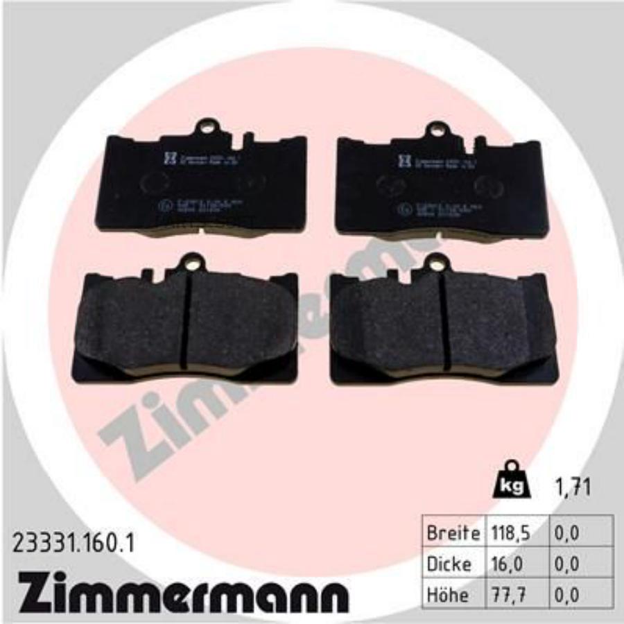 

Колодки Дисковые Передние Lexus Rx300 V6 00-03 ZIMMERMANN 233311601 23331.160.1