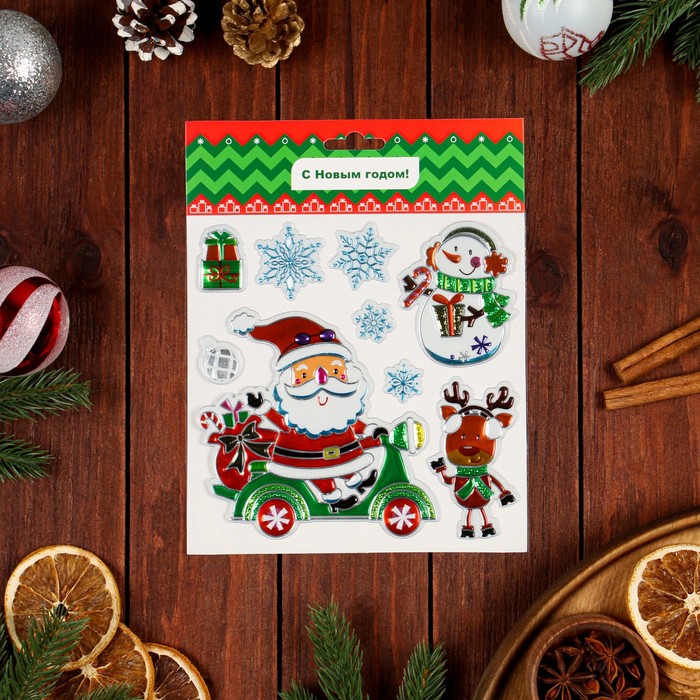 

Наклейки на окна Новогодние Дед Мороз на машине, 23 х 20 см, Разноцветный