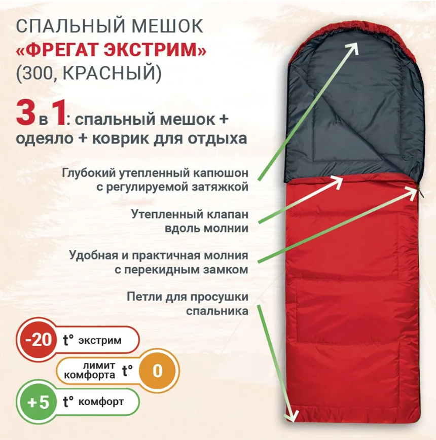 Спальный мешок Фрегат Экстрим (300, красный, молния слева)