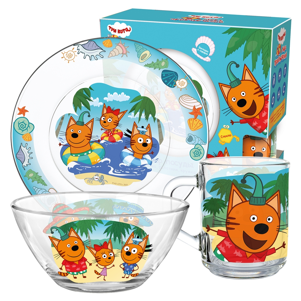 Набор посуды ND Play Три кота, Море приключений 3 предмета, подарочная упаковка, стекло набор для плавания nd play три кота и море приключений круг надувной 60см