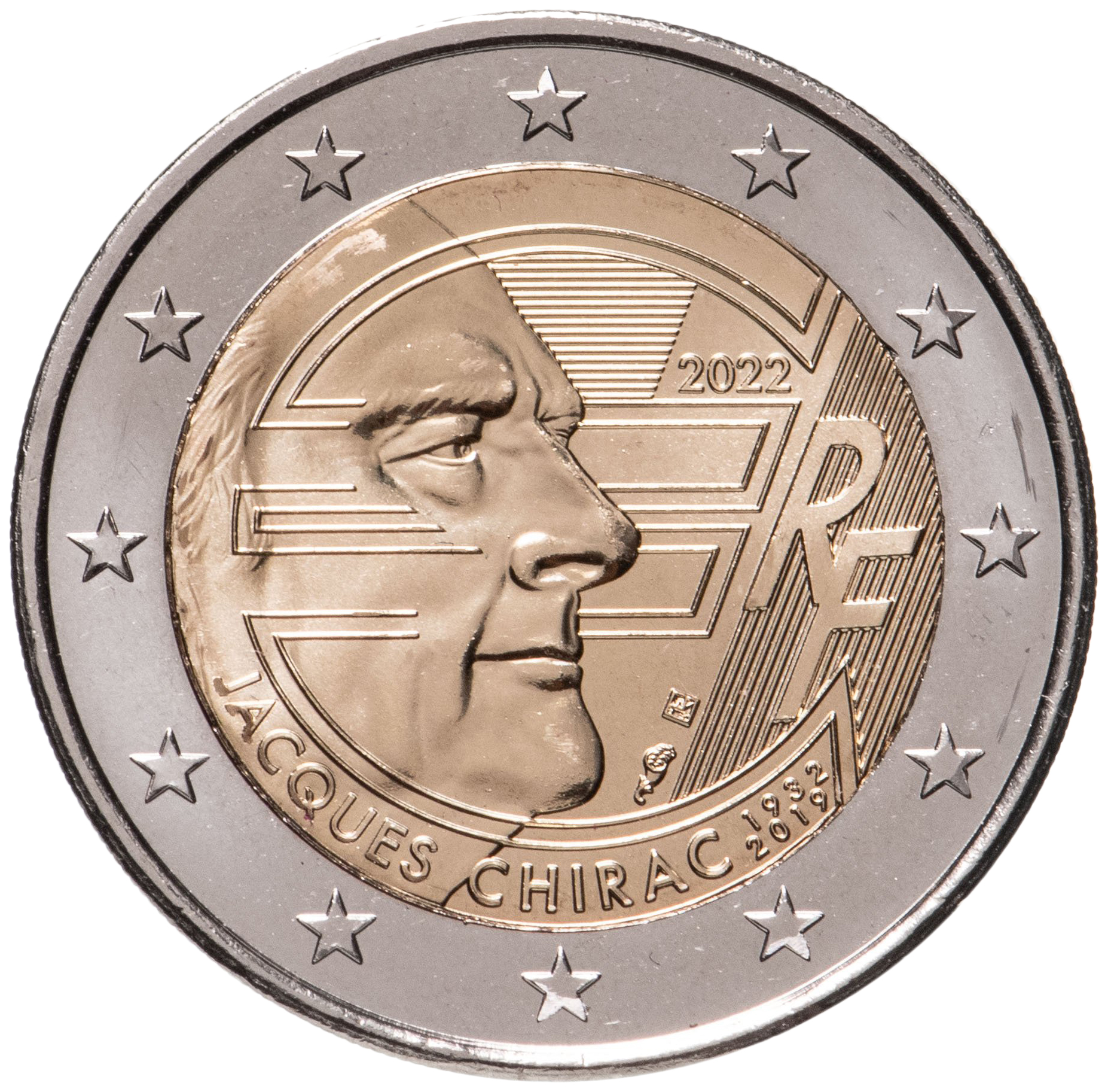 

Памятная монета 2 евро Жак Ширак. Франция, 2022 г. в. Монета в состоянии UNC (из мешка)