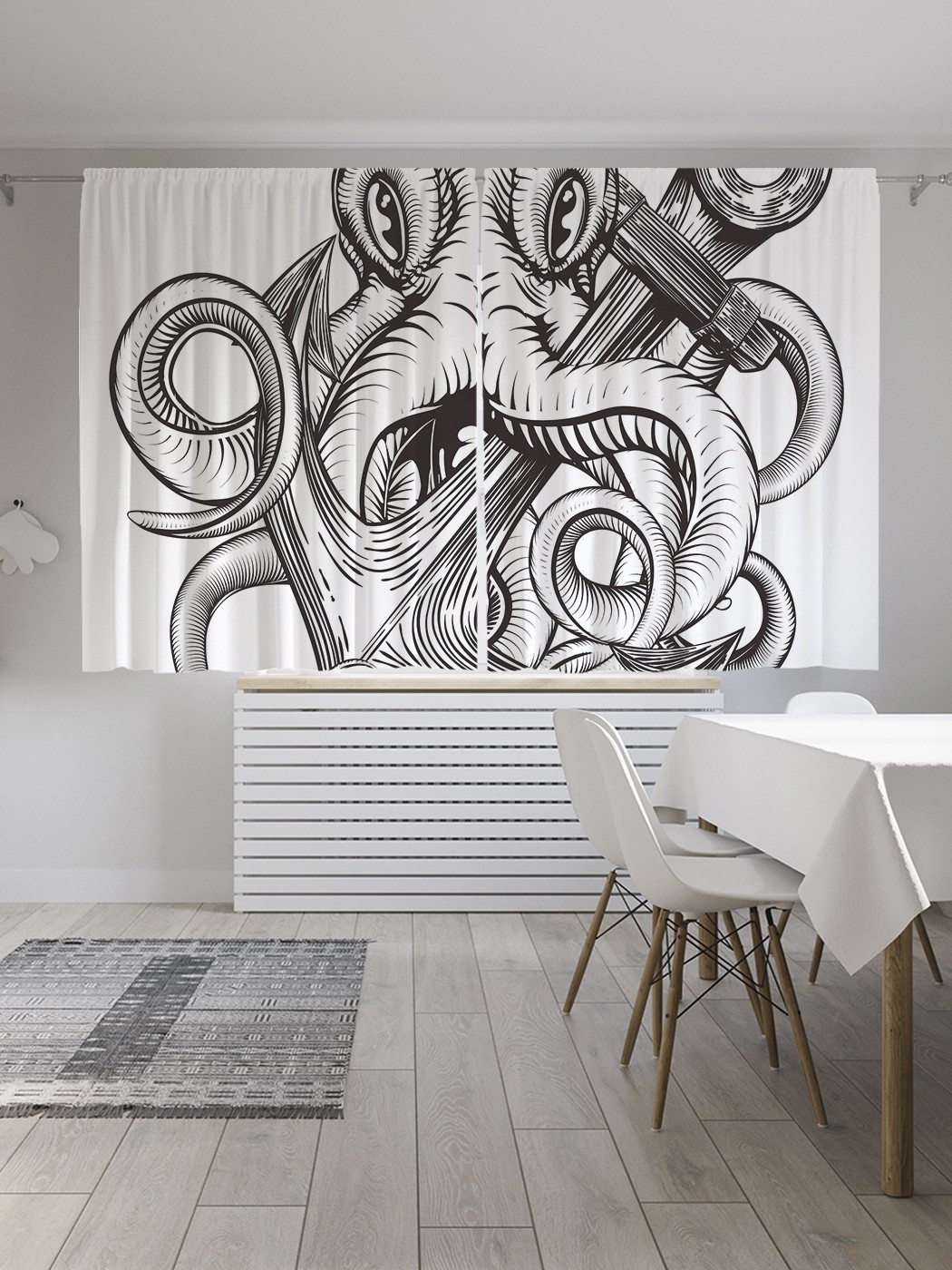 фото Шторы joyarty с фотопечатью "якорь и кракен" из сатена, 290х180 см