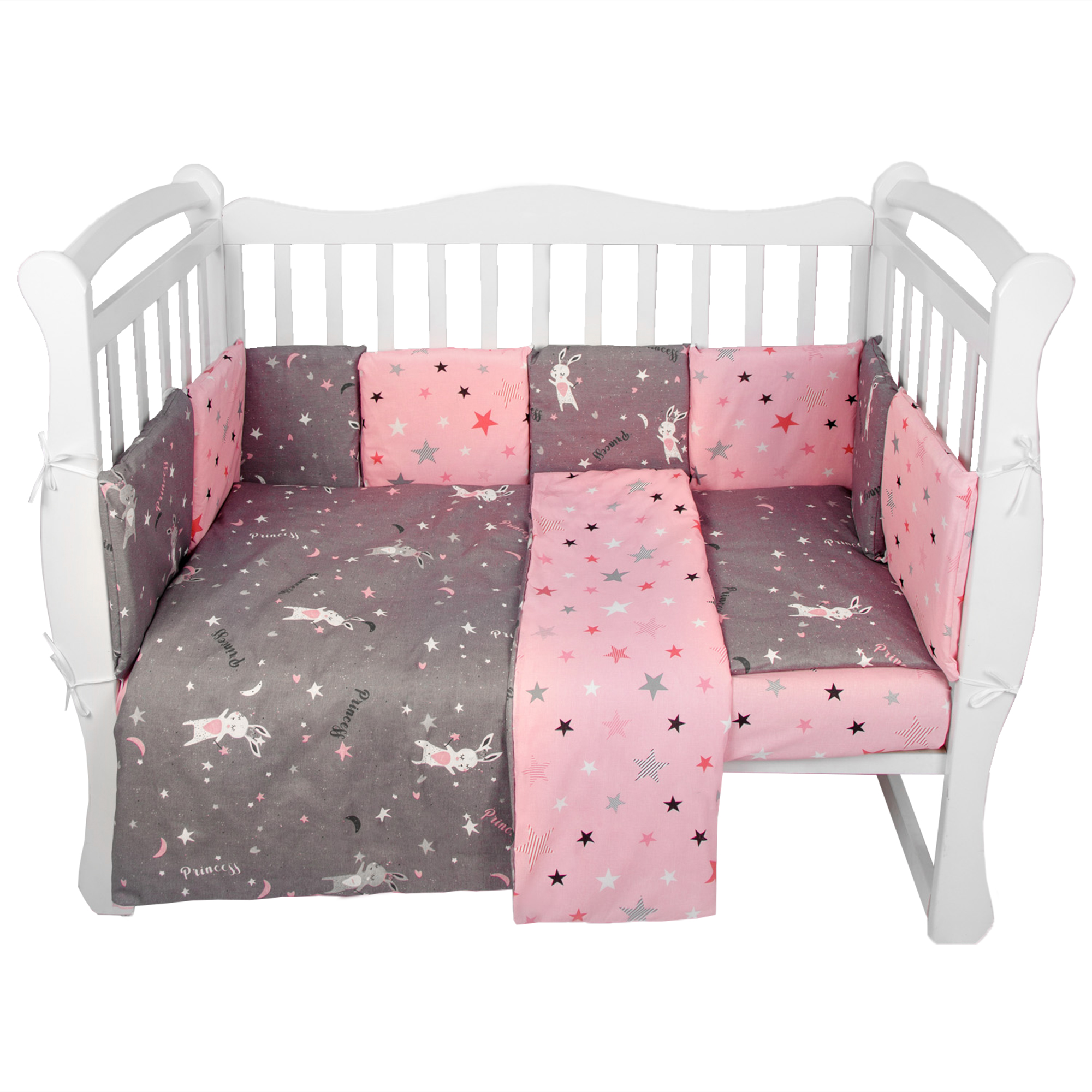 

Комплект в кроватку AmaroBaby 15 предметов Premium Princess серый/розовый, AMARO-3015