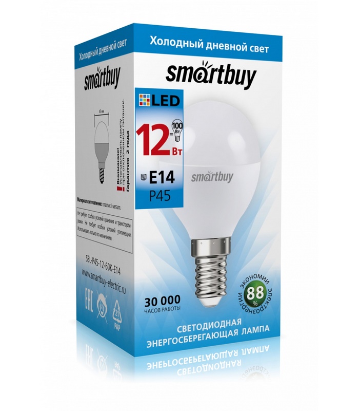 фото Светодиодная led лампа smartbuy sbl-p45-12w-60k-e14 холодный дневной свет