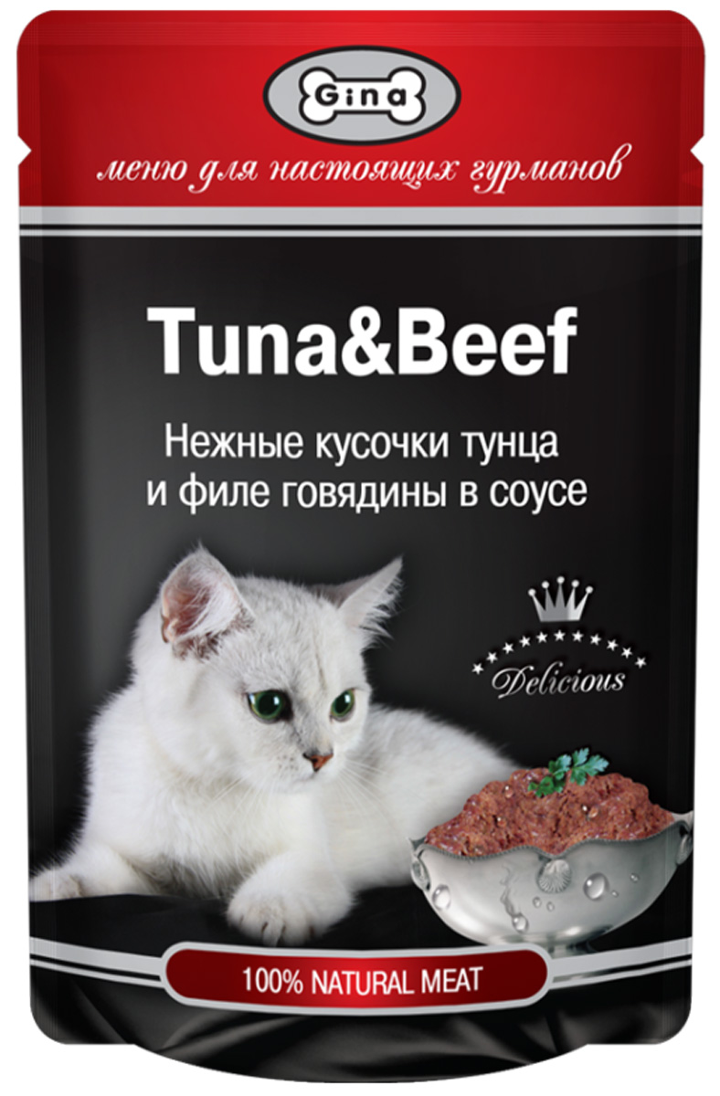 Влажный корм для кошек GINA, тунец, говядина, 24шт по 85г