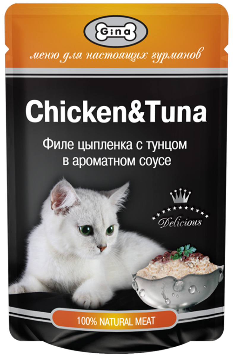 Влажный корм для кошек GINA, курица, тунец, 24шт по 85г