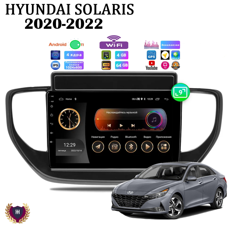Автомагнитола Podofo для Hyundai Solaris (2020-2022), Android 11, 4/64 Gb, Wi-Fi, GPS, IPS