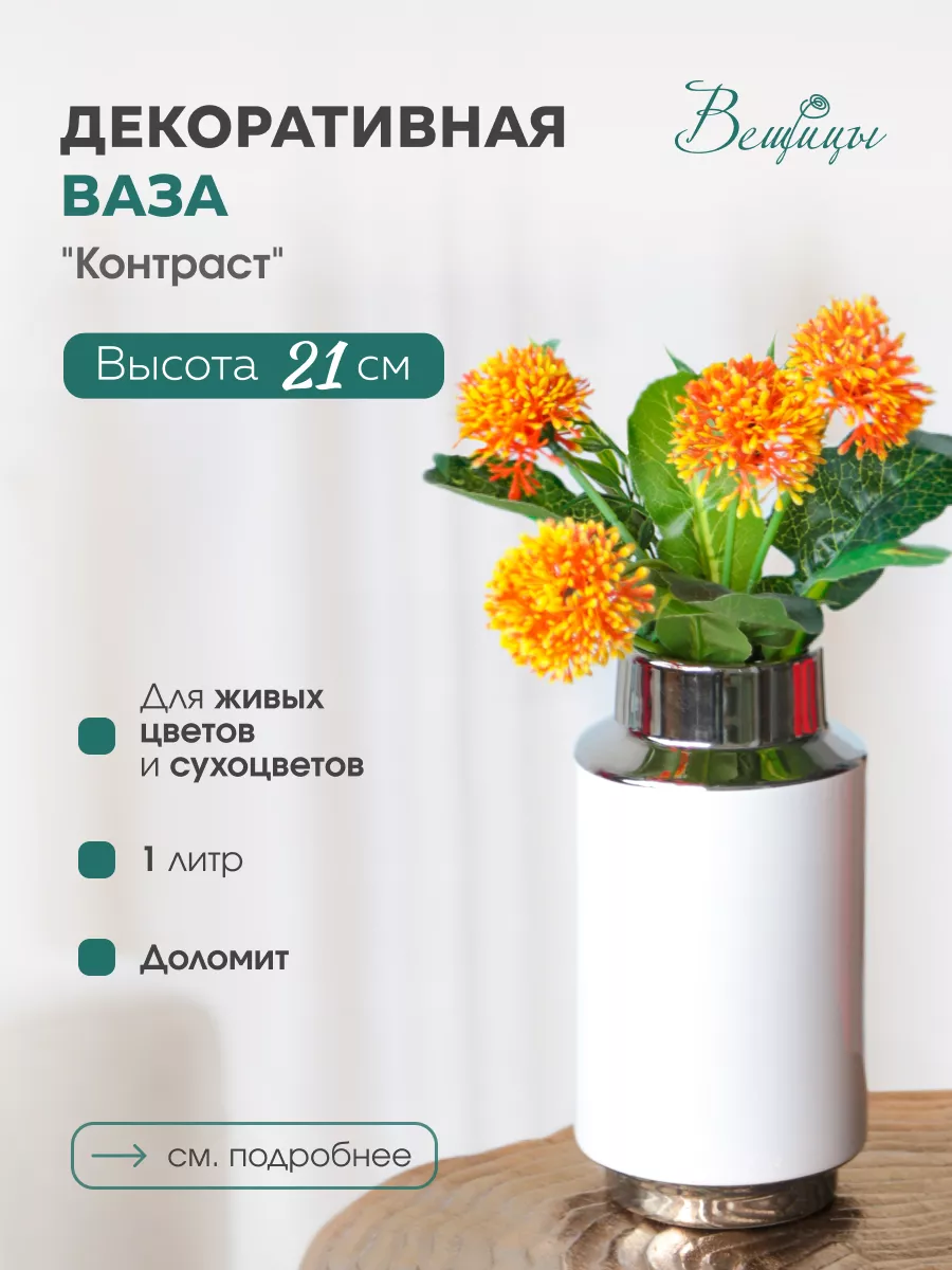 

Декоративная Ваза Контраст, Д100 Ш100 В200, белый с серебром, Cha11