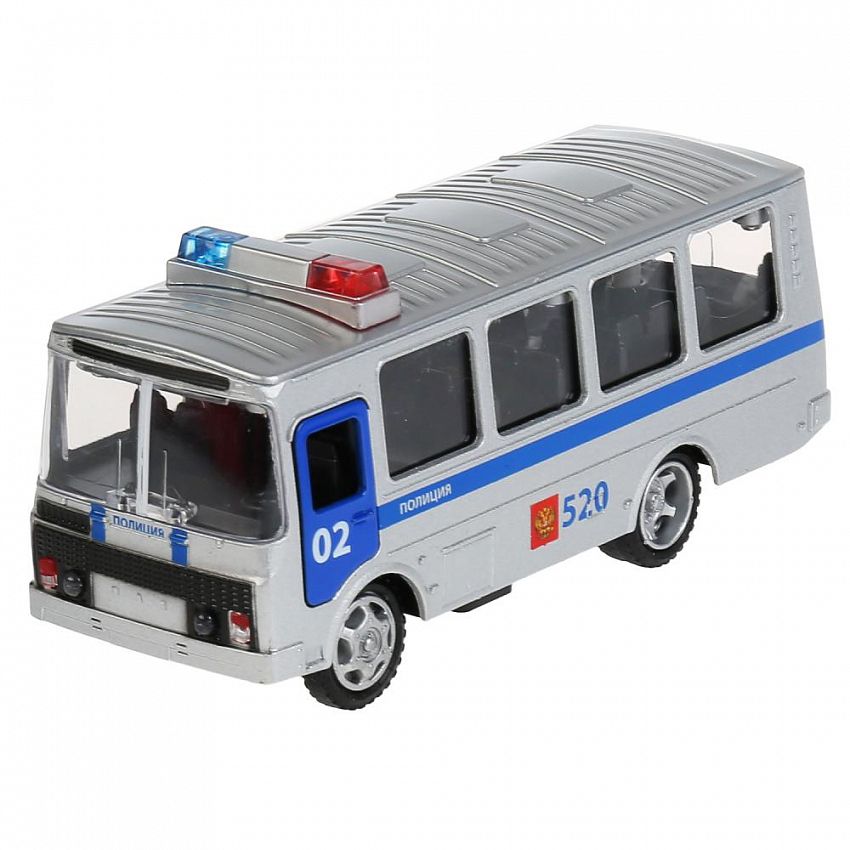Автобус Технопарк ПАЗ 3205 Полиция, серебристый, инерционный, свет, звук CT11-257-6WB