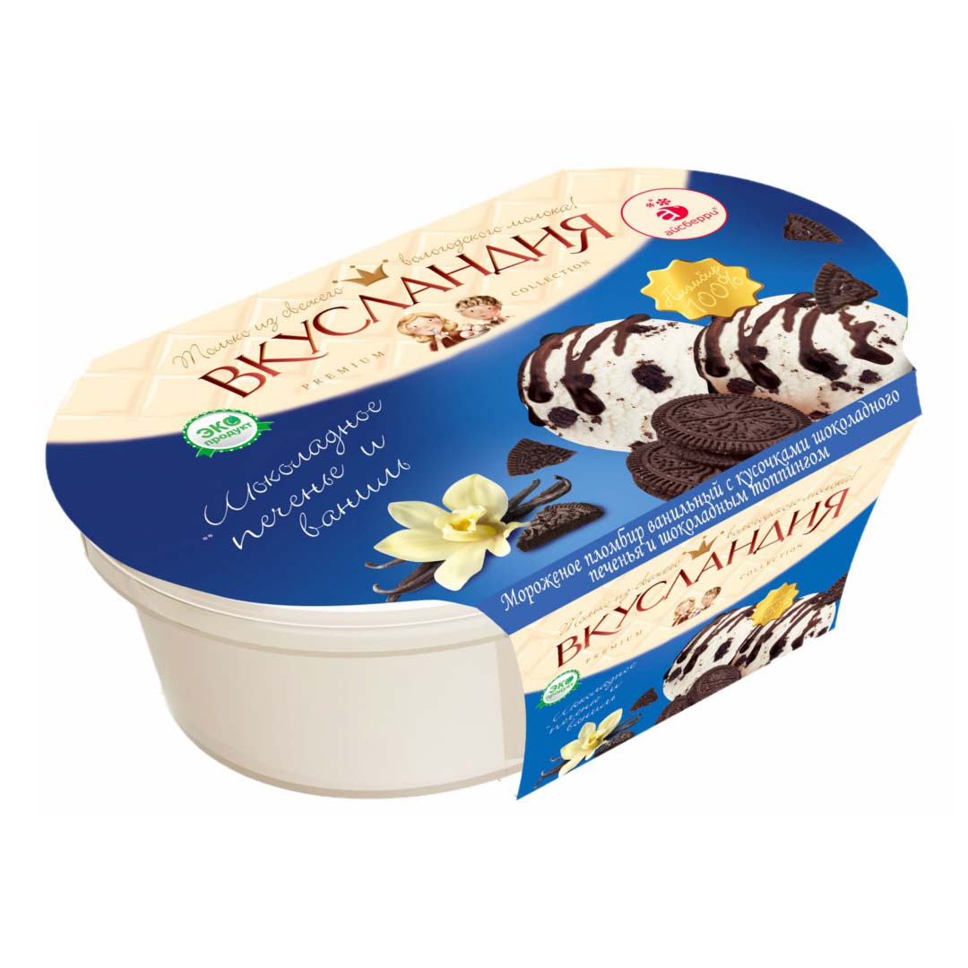 Мороженое пломбир Вкусландия ванильный с кусочками шоколадного печенья БЗМЖ 450 г