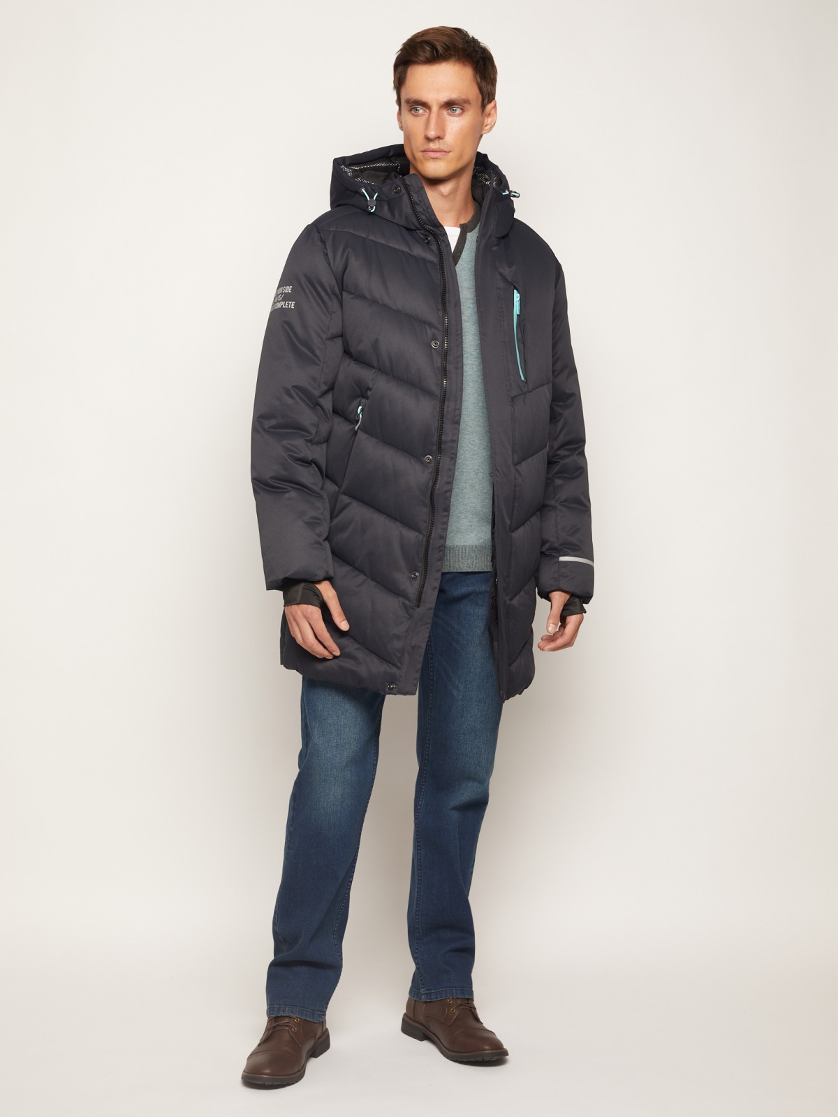 фото Тёплая зимняя куртка с капюшоном zolla, цвет темно-серый, размер xxl