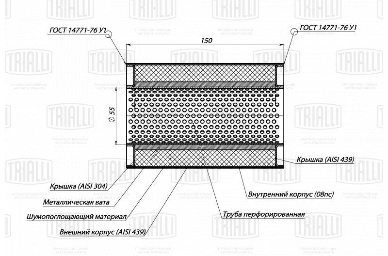 

TRIALLI 'ESM10015055P Пламегаситель универсальный 100/150-55 (нерж. алюм. сталь) 1шт