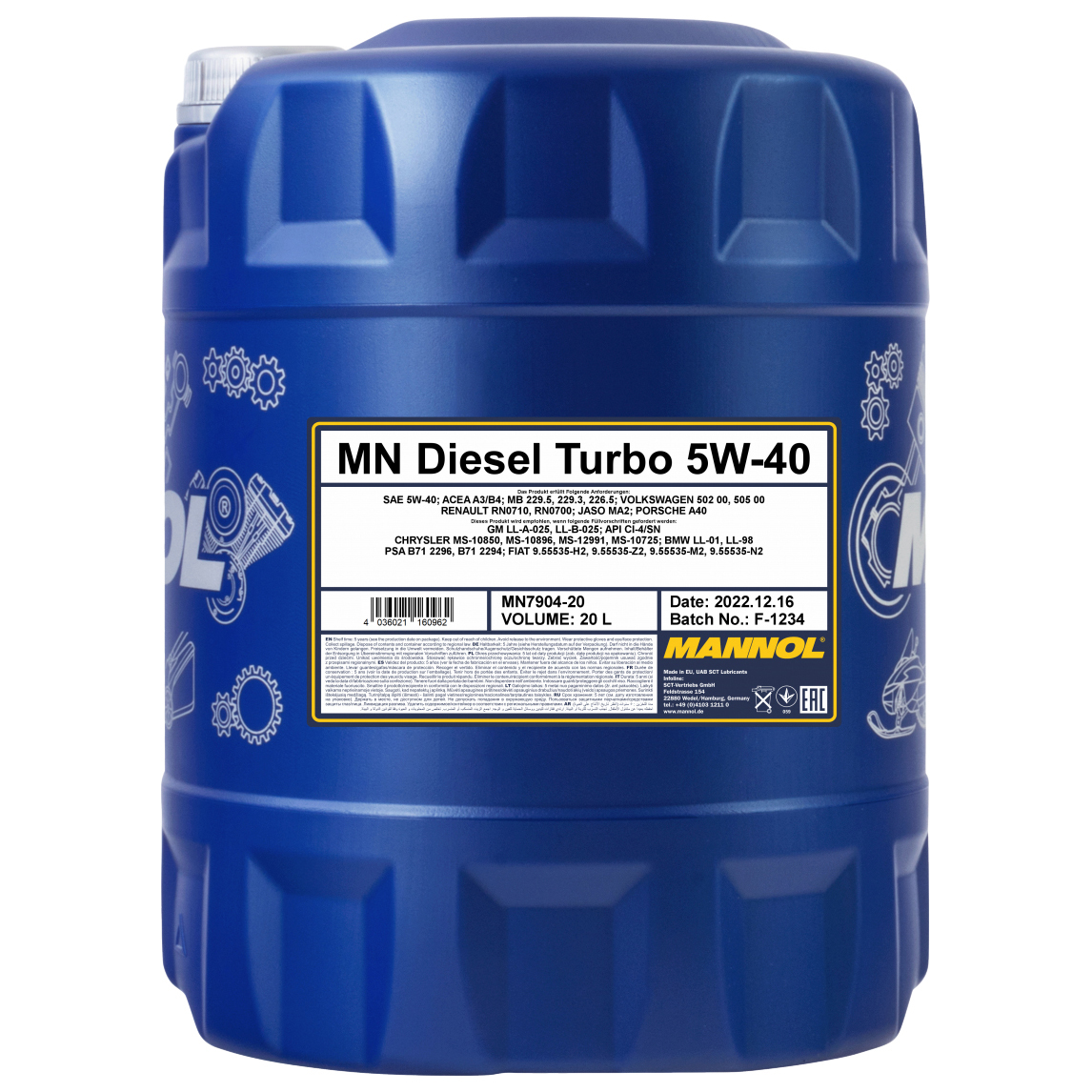 

Моторное масло MANNOL синтетическое Diesel Turbo 5w40 Sn/Ch-4 20л