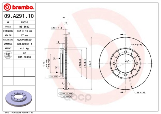 

09.A291.10_Диск Тормозной Передний Hyundai Lantra 1.5 95> Brembo 09A29110