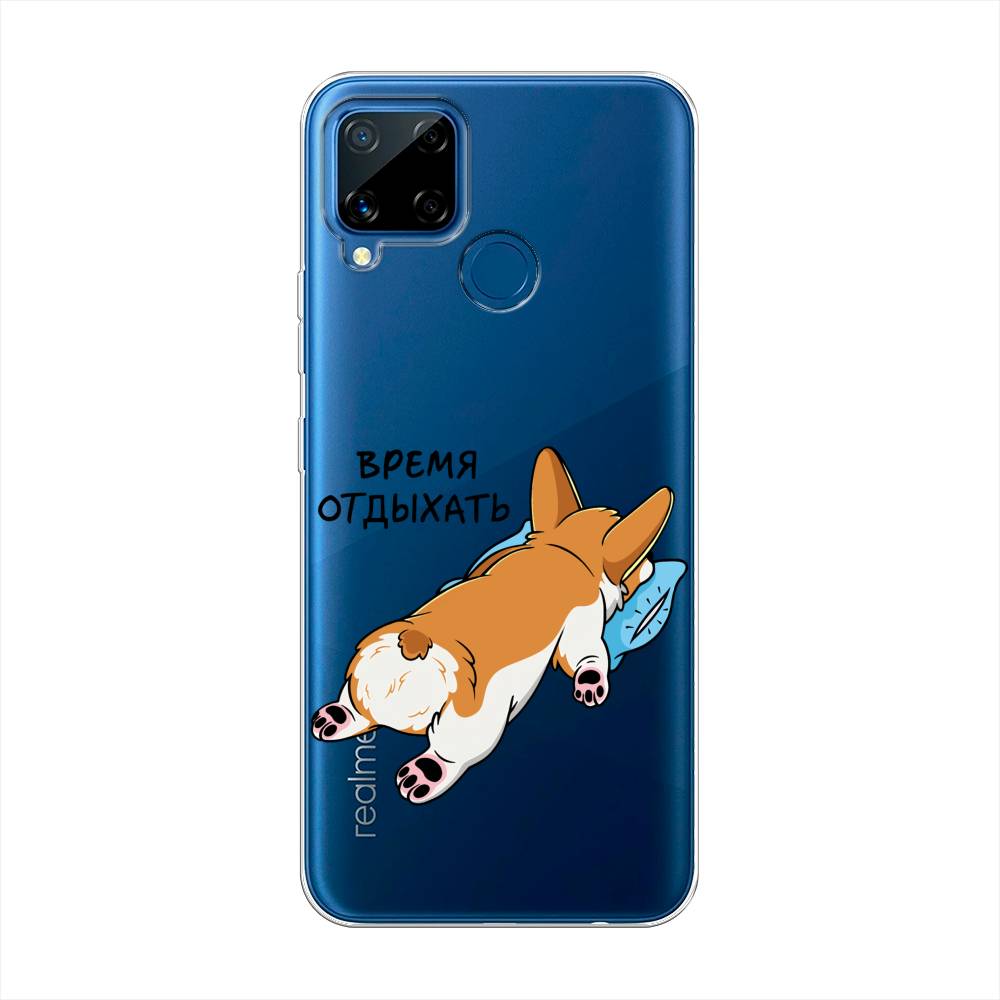 

Чехол на Oppo Realme C15 "Корги отдыхает", Черный;коричневый;голубой, 255050-1