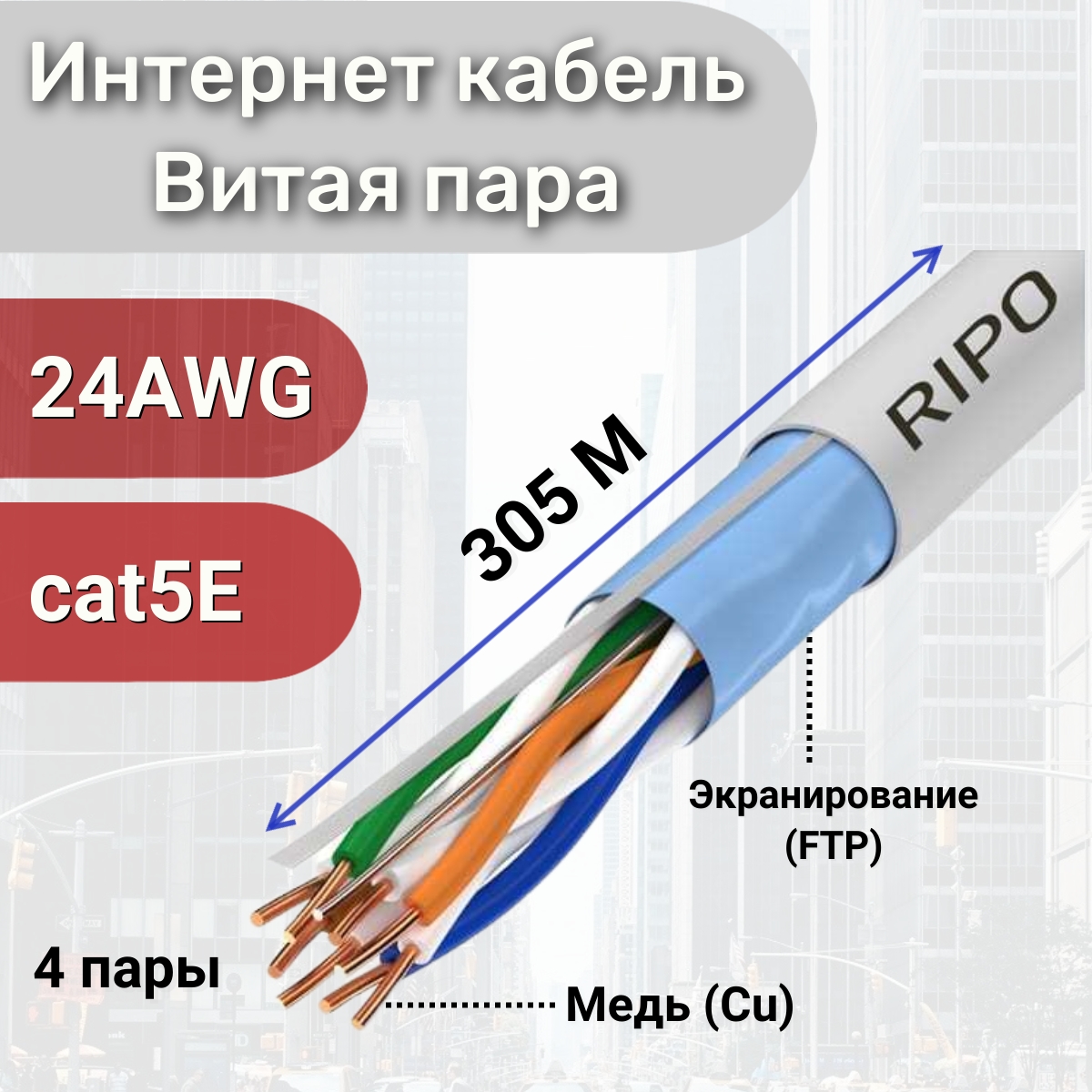 Медная витая пара FTP 4 CAT5E Ripo для внутренней прокладки компьютерных сетей, 305м