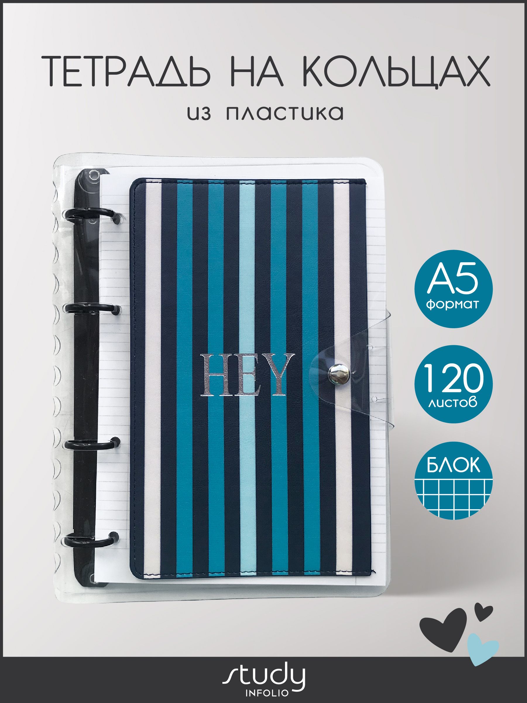 Тетрадь Infolio Study, N1826, А5, кольцевой механизм, 120 листов в клетку