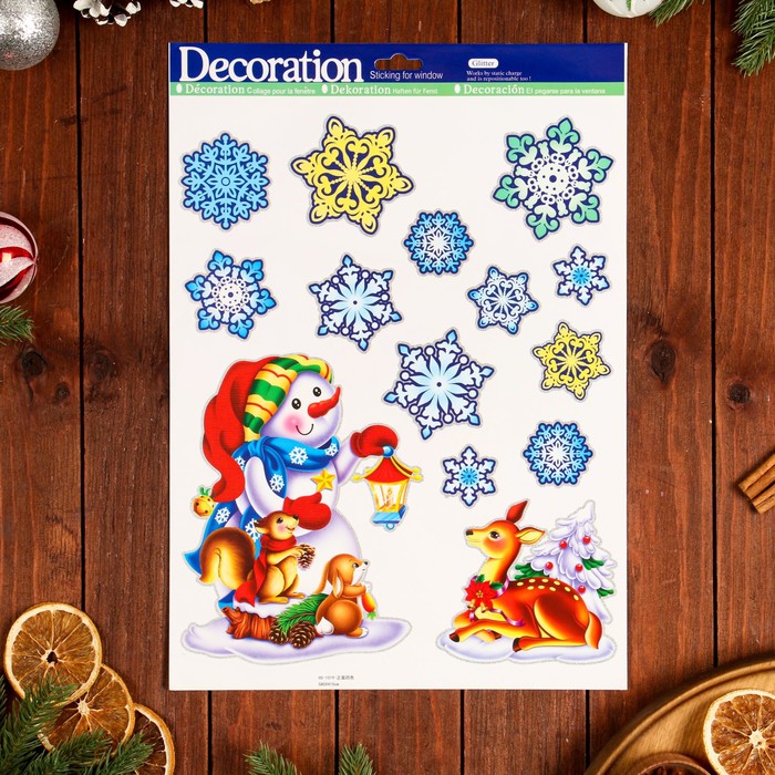 

Наклейки на окна Новогодние снеговик, снежинки, 41 х 29 см