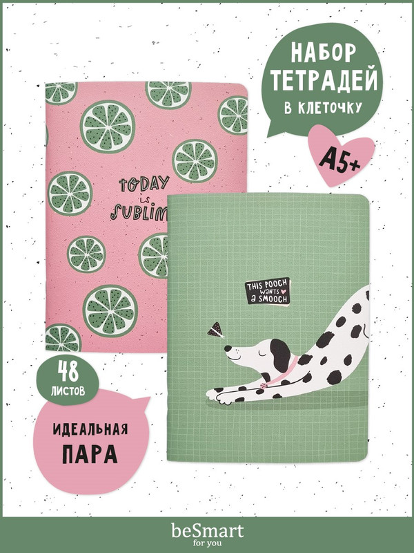 

Тетрадь общая Be Smart "Pets" на скрепке А5+ на 48 листов в клетку, набор 2 штуки, BSТОН48С16,5*22-2